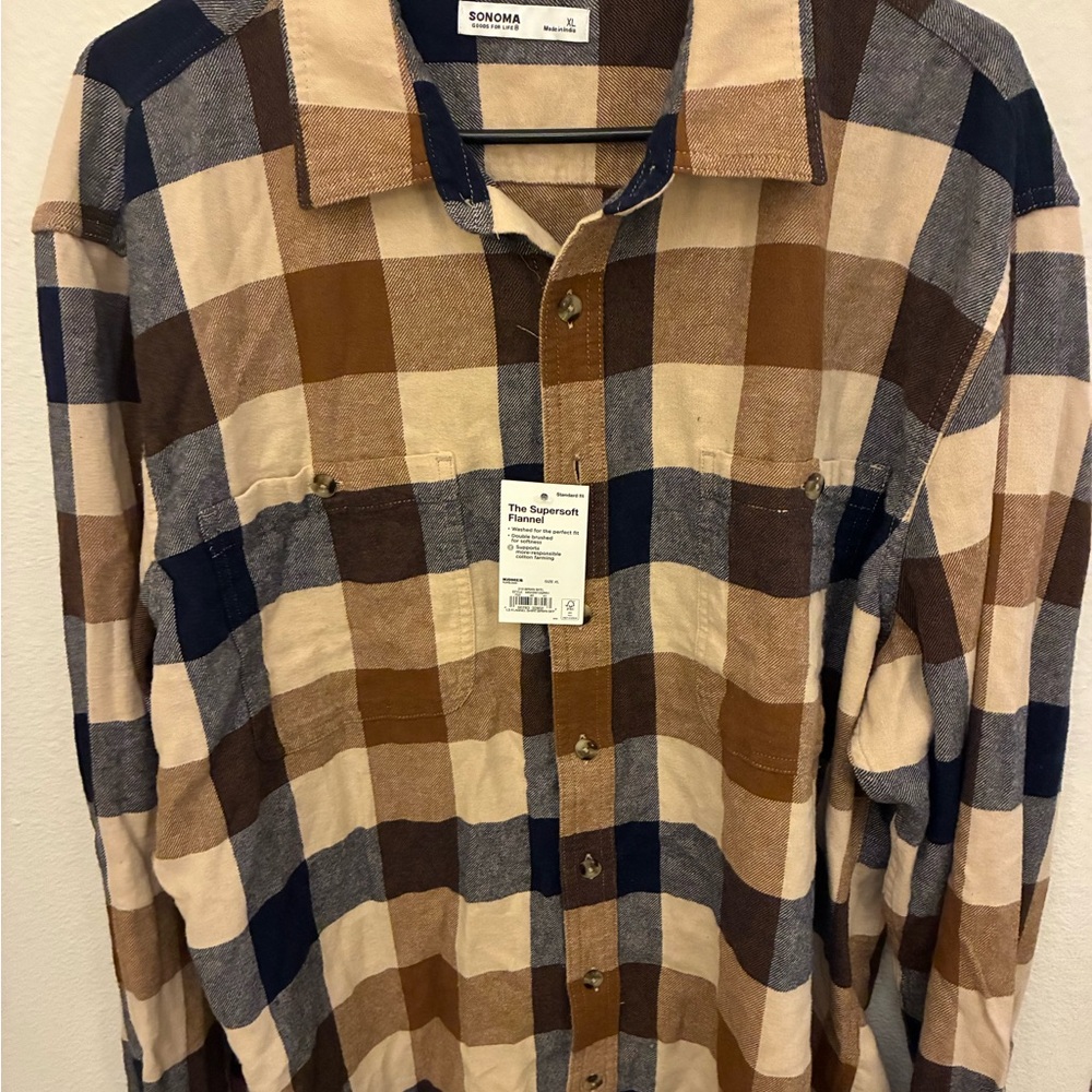 Sonoma Men's Tan and Navy Plaid Shirt